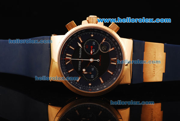 Ulysse Nardin Maxi Marine Chronograph Swiss Valjoux 7750 Automatic Movement Gold Case with Blue Dial and Blue Rubber Strap - Click Image to Close